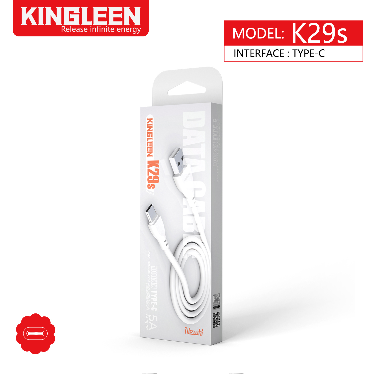 (image for) كابل شحن 1 متر من كينجلين Kingleen K29S USB Type-C 5A Fast Charging Cable-White