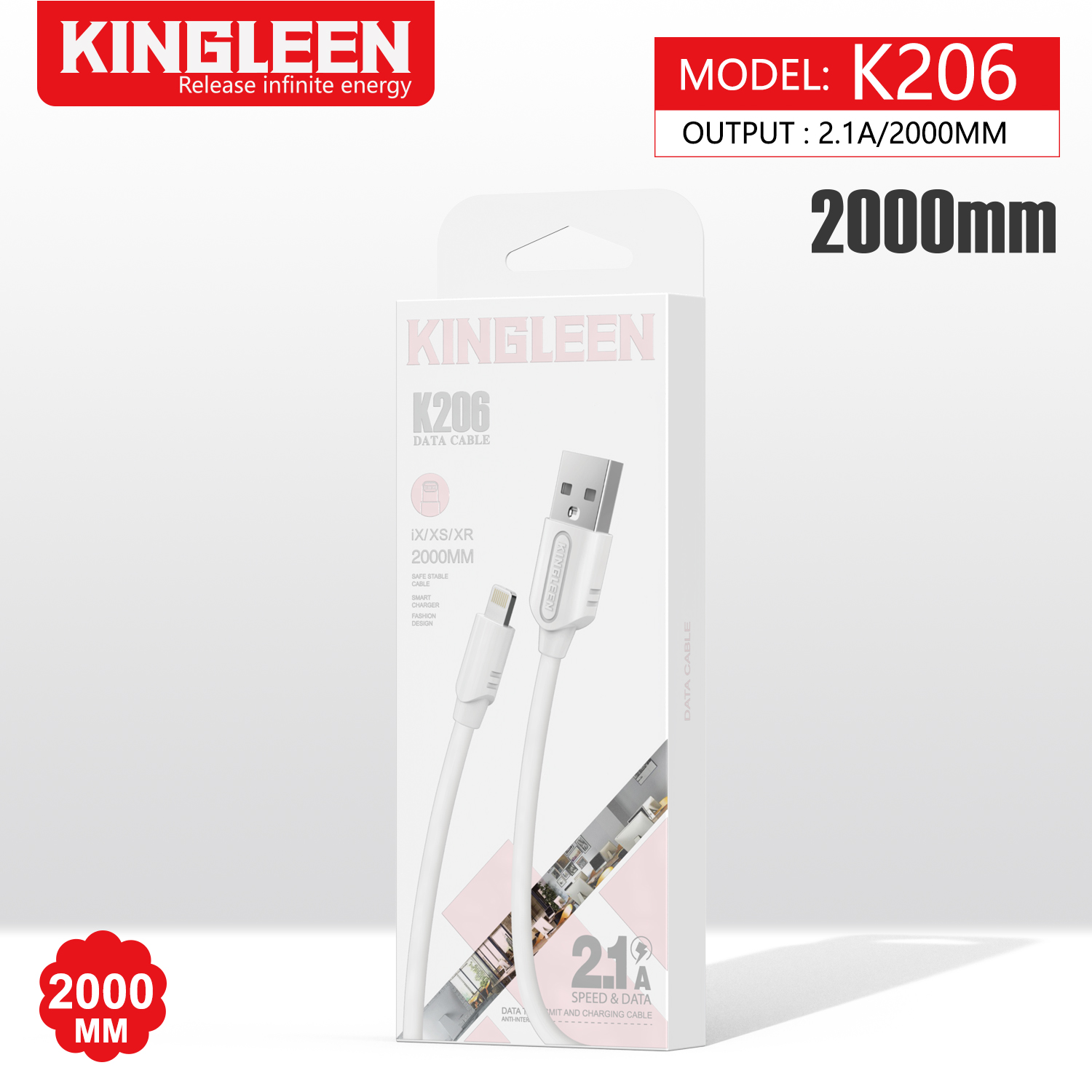(image for) كابل شحن 2 متر من كينجلين Kingleen K206 USB Lightning Fast Charging Cable-White