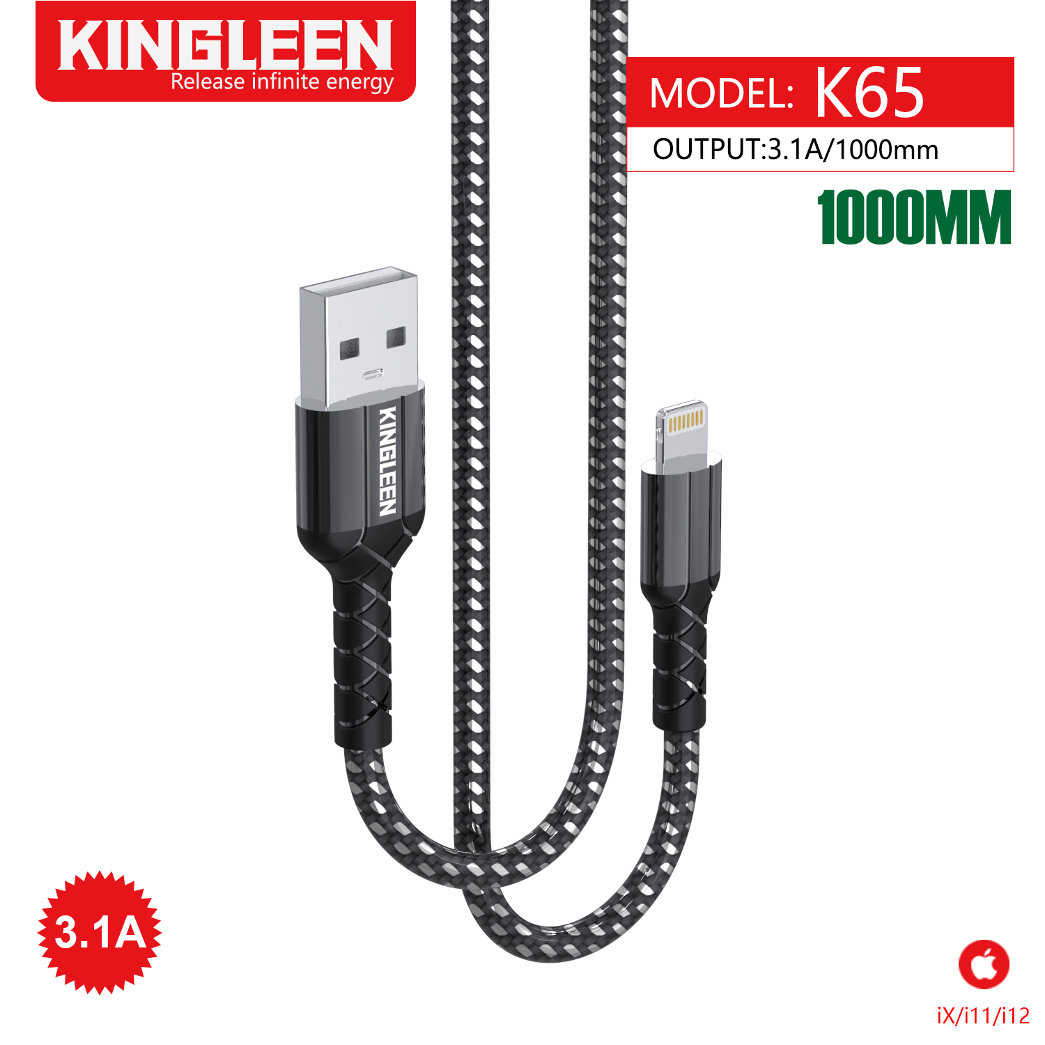 (image for) كيبل شحن لايتننك 1 متر Kingleen K65 USB A to Lightning 1M Cable