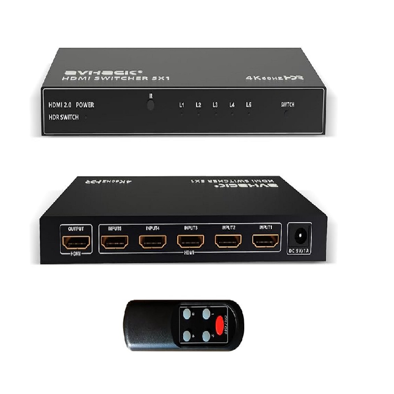 (image for) Heap-te 4K*2K HDMI SWITCH 5x1 4k جهاز تحكم عن بعد IR ، سرعة عالية (بحد أقصى 18.5 جيجابت في الثانية) ومفتاح تلقائي ، يدعم منافذ مطلية بالذهب 【4K / Ultra HD / 3D / 1080P】 24k ، مقسم HDMI للت