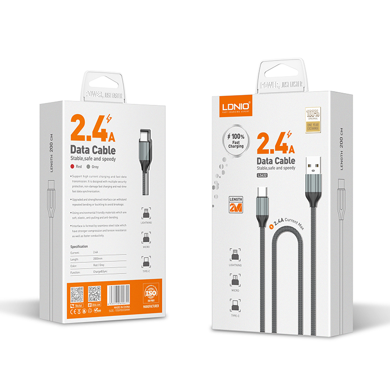 (image for) كيبل شحن لايتننك 2 متر Ldnio LS432 USB A to Lightning 2M Cable
