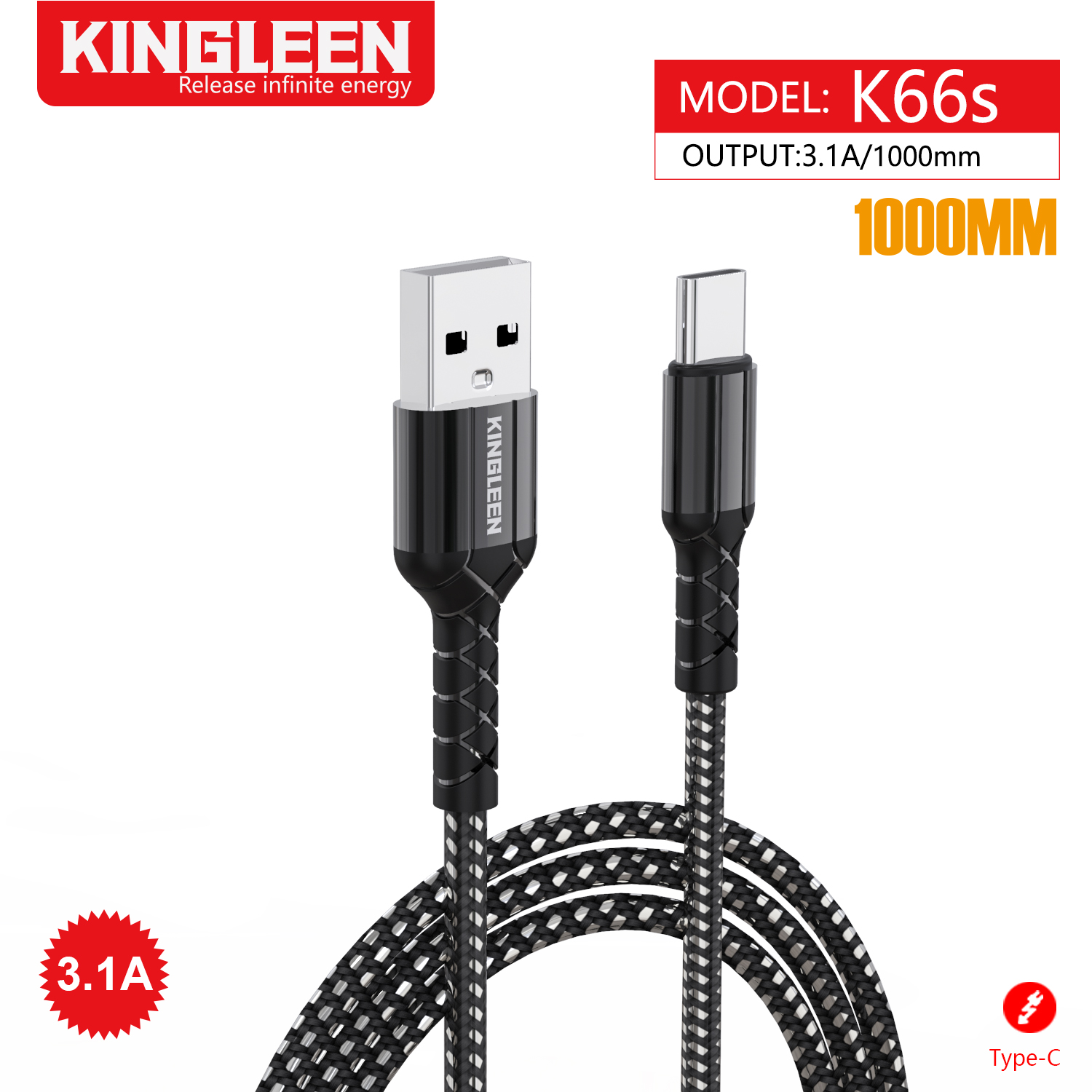 (image for) كابل شحن 1 متر من كينجلين Kingleen K66s USB Type-C Fast Charging Cable-Black