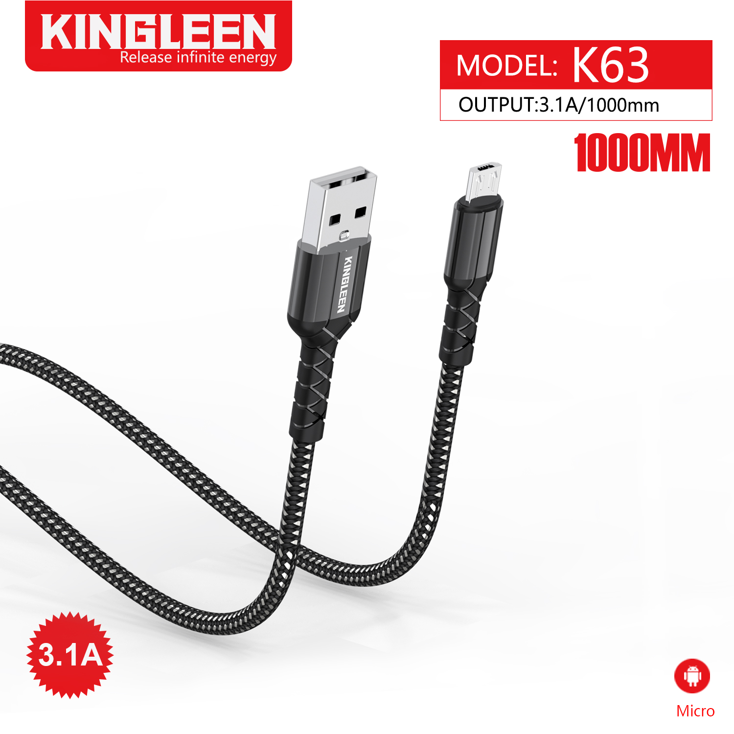 (image for) كيبل شحن مايكرو يو اس بي 1 متر Kingleen K63 USB A to Micro USB 1M Cable